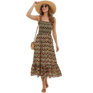 NWOT Banjanan Iris Cotton Voile Smocked Ruffle Strap Geometric Maxi Dress M Boho